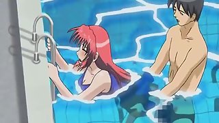 Sexy anime redhead gets fucked underwater in a swimming pool while talking to friends
